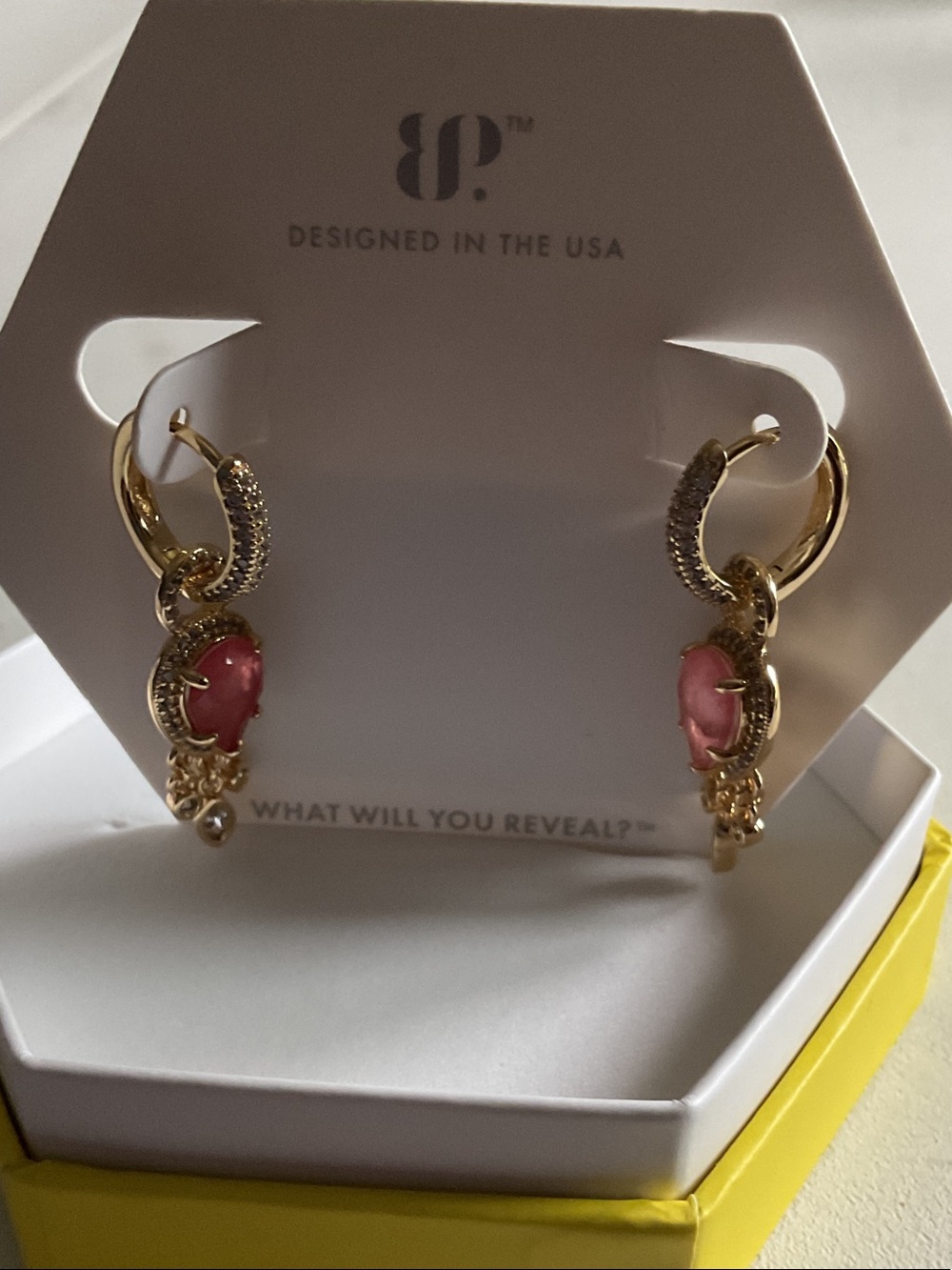 bp Gold-Tone Hoop Earrings with Pink Cabochon Drops